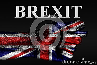 On a hand with a painted UK flag, a fig is depicted with the word BREXIT, a sign of aggression, disagreement, a dispute on a dark Stock Photo