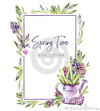 Hand painted vertical frame with Hyacinths flowers, leaves and watering can. Spring rustic watercolor illustration in Cartoon Illustration