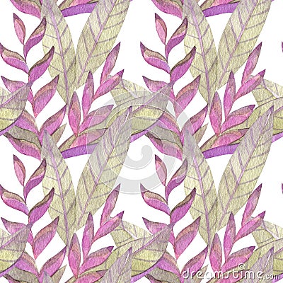 Hand painted watercolor seamless pattern. Tropical abstract plants background. Cartoon Illustration