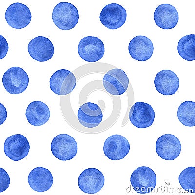 Hand painted watercolor blue polka dot seamless pattern on the white background. Stock Photo