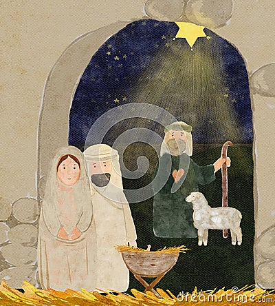 Hand painted watercolor card with manger, Mary, Joseph, shepherd, sheep Cartoon Illustration