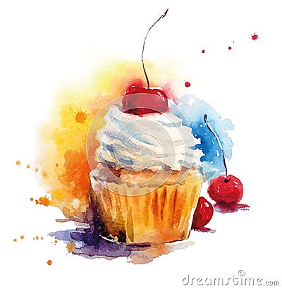 Hand painted watercolor cherry muffin. Vector illustration. Vector Illustration