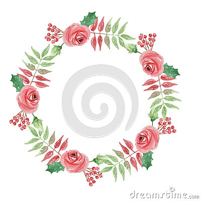 Watercolor Leaves Christmas Holidays Holly Red Green Berries Wreath Garland Stock Photo