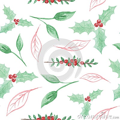 Watercolor Painted Leaves Holly Berry Christmas Seamless Patterns Holidays Festive Stock Photo