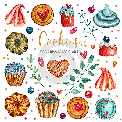 Hand-painted watercolor cookies set with separate elements Stock Photo