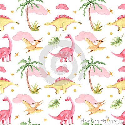 Hand painted watercolor dinosaurs seamless pattern with palm tree, on a white background. Dino background for children Stock Photo