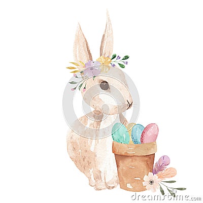 Easter Bunny Watercolor Eggs Pastel Florals Leaves Pink Feathers Floral Stock Photo