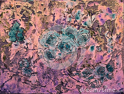 Hand painted Watercolor florals painting. Digital print of Original painting. Vintage looking artwork. Embossed art on surface. Stock Photo