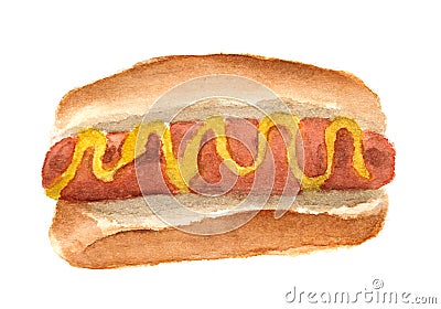 Hand painted watercolor of hot dog with big sausage and mustard isolated on white background Stock Photo