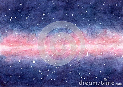 Hand painted watercolor illustration of the space with stars and pink nebula. Cartoon Illustration