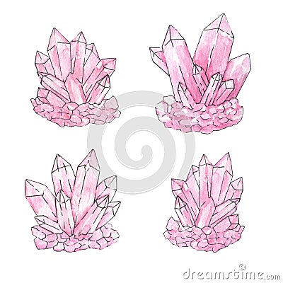 Hand painted watercolor and ink set of pink crystal clusters isolated on the white background. Quartz minerals Cartoon Illustration