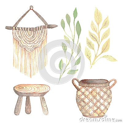 Hand painted watercolor interior sketch of a Bohemian interior with a wicker basket branches plants leaves macrame Stock Photo