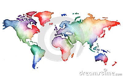 Hand painted watercolor world map Stock Photo