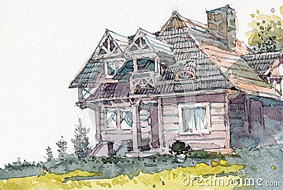 Cottage house watercolor painting at country side Stock Photo