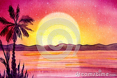 Watercolor painted panorama with palm trees. Stock Photo
