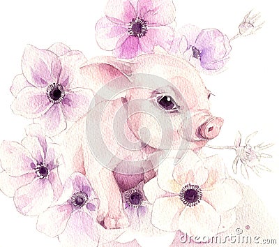 Hand painted watercolor. Piggy in anemones. Cartoon Illustration