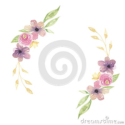 Watercolor Pink Wreath Purple Flowers Arches Yellow Leaves Green Floral Garland Stock Photo