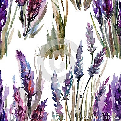 Hand painted watercolor provence floral pattern with lilac flowers of lavanders, foliage. Romantic seamless pattern perfect for Stock Photo