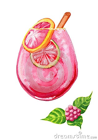 Hand painted watercolor raspberry beverage with orange and lemon slices, ice chips, vanilla in a round glass Stock Photo