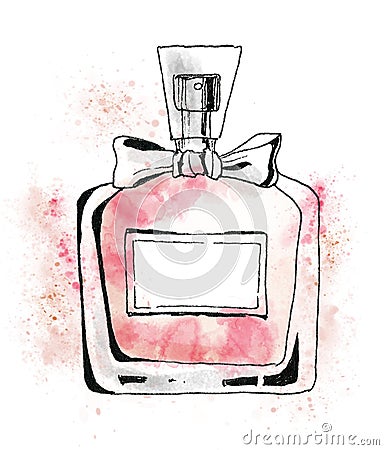 Hand painted watercolor red bottle of Perfume Stock Photo