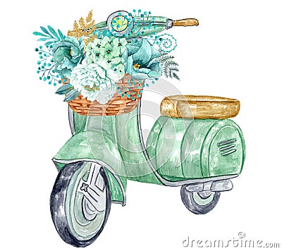 Hand painted watercolor retro scooter with mint gold peonies flowers Stock Photo