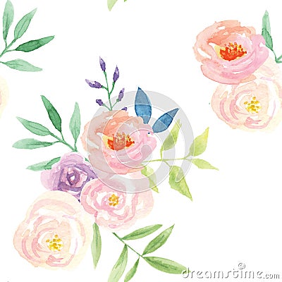 Watercolor Seamless Pattern Leaves Blue Pink Floral Flowers Spring Summer Stock Photo