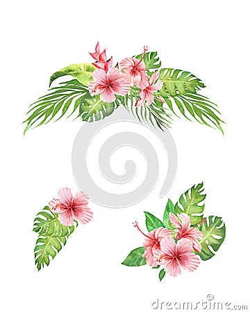 Hand painted watercolor set of tropical bouquet hibiscus flowers, palm tree and monstera leaves isolated on white background. Stock Photo