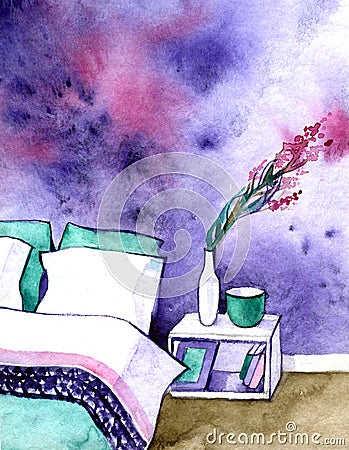 Hand painted watercolor sketch of bedroom interior. Stock Photo