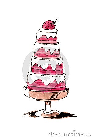 Hand painted watercolor strawberry cake. Stock Photo