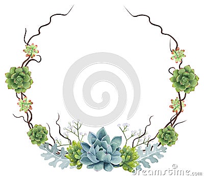 Hand-painted Watercolor Succulents Wreath Stock Photo