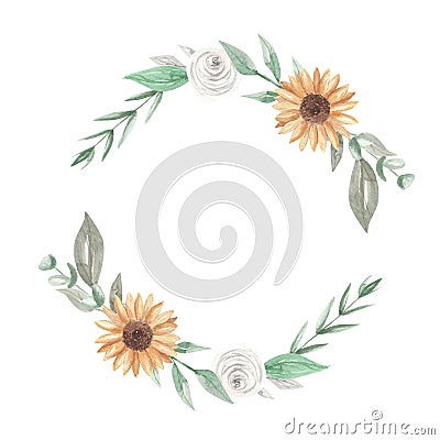 Sunflowers Watercolor Wreath Garland Clipart Flowers White Roses Stock Photo