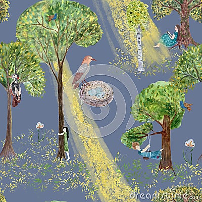 Hand-painted watercolor trees pattern on grey Cartoon Illustration