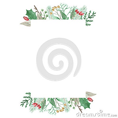 Watercolor Rectangle Frame Holly Christmas Leaves Berries Festive Border Stock Photo