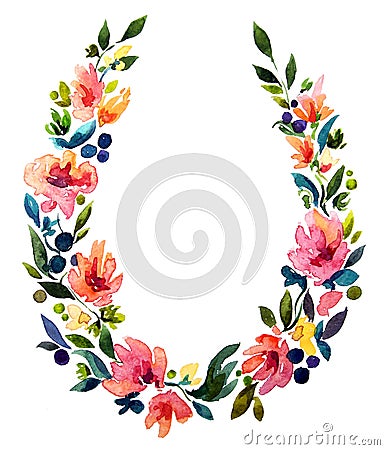 Hand painted watercolor wreath. Flower decoration. Stock Photo