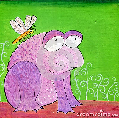 Hand Painted Weird Purple Frog and Dragonfly Illustration Stock Photo