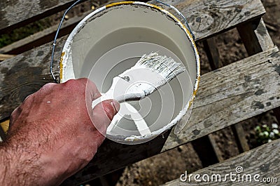 Hand painter with a brush and a jar of white paint is preparing to paint the house, wall Stock Photo