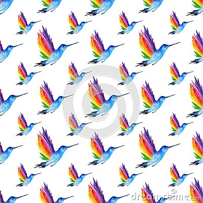 Watercolor rainbow hummingbird seamless pattern isolated on white background. Hand painting gay pride illustration. Cartoon Illustration