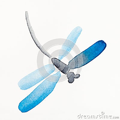 Dragonfly with blue wings drawn by watercolors Stock Photo