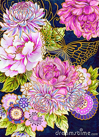 Hand painting watercolor illustration inspired by asain chinese Korean and Japan kimono Chrysanthemum peonies flower abstract blos Cartoon Illustration