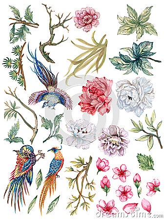 Hand painting watercolor illustrationinspired by phoenix bird asain chinese Korean and Japan kimono Chrysanthemum peonies flower Cartoon Illustration