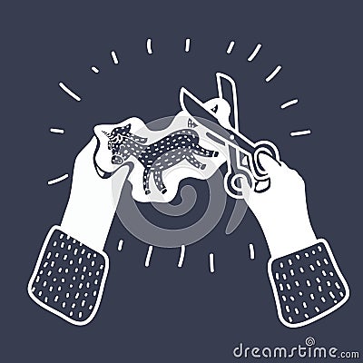 Hand with a pair of scissors cuts out paper Unicorn. Vector Illustration