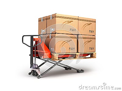 Hand pallet truck carries a pallet with boxes are on a Stock Photo