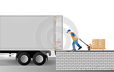 A hand pallet truck loader loads pallets with cardboard boxes into a truck Vector Illustration