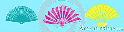 Hand paper fan. Chinese souvenirs. Color silhouettes. Traditional culture. Handheld cooling accessory. Japan or China Vector Illustration