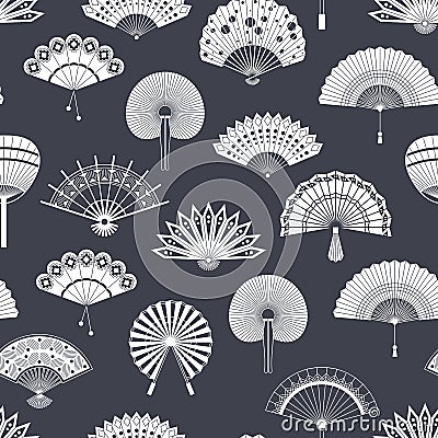 Hand paper fan vector seamless pattern. Chinese or japanese beautiful fans . Black and white asian souvenir fans Vector Illustration