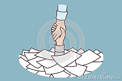 Hand among papers asks for help and salvation from bureaucracy and overabundance paperwork Vector Illustration