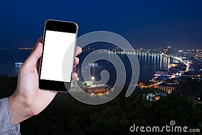 Hand a part of man holding smartphone empty screen Stock Photo