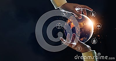 Hand pass clean energy, sustainable environment protection earth globe to new generation with energy resources icon. Earth day, Stock Photo