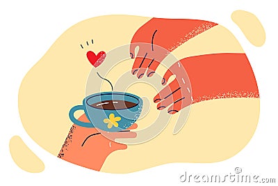 Hand passes freshly brewed coffee to another person for romantic courtship during love relationship Vector Illustration