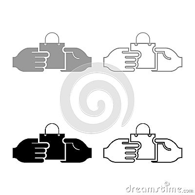 Hand passes the package to the other hand Hand pass bag other hand Concept commerce Idea trade Market subject Marketing icon set Vector Illustration